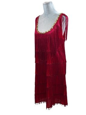 Ladies Charades Brand Red Fringe Flapper Style Dress with Red Gloves Size XL